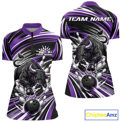 Custom Black And Purple Angry Bull Bowling Jerseys, Bowling Team Women Quarter-Zip Shirt IPHW11822