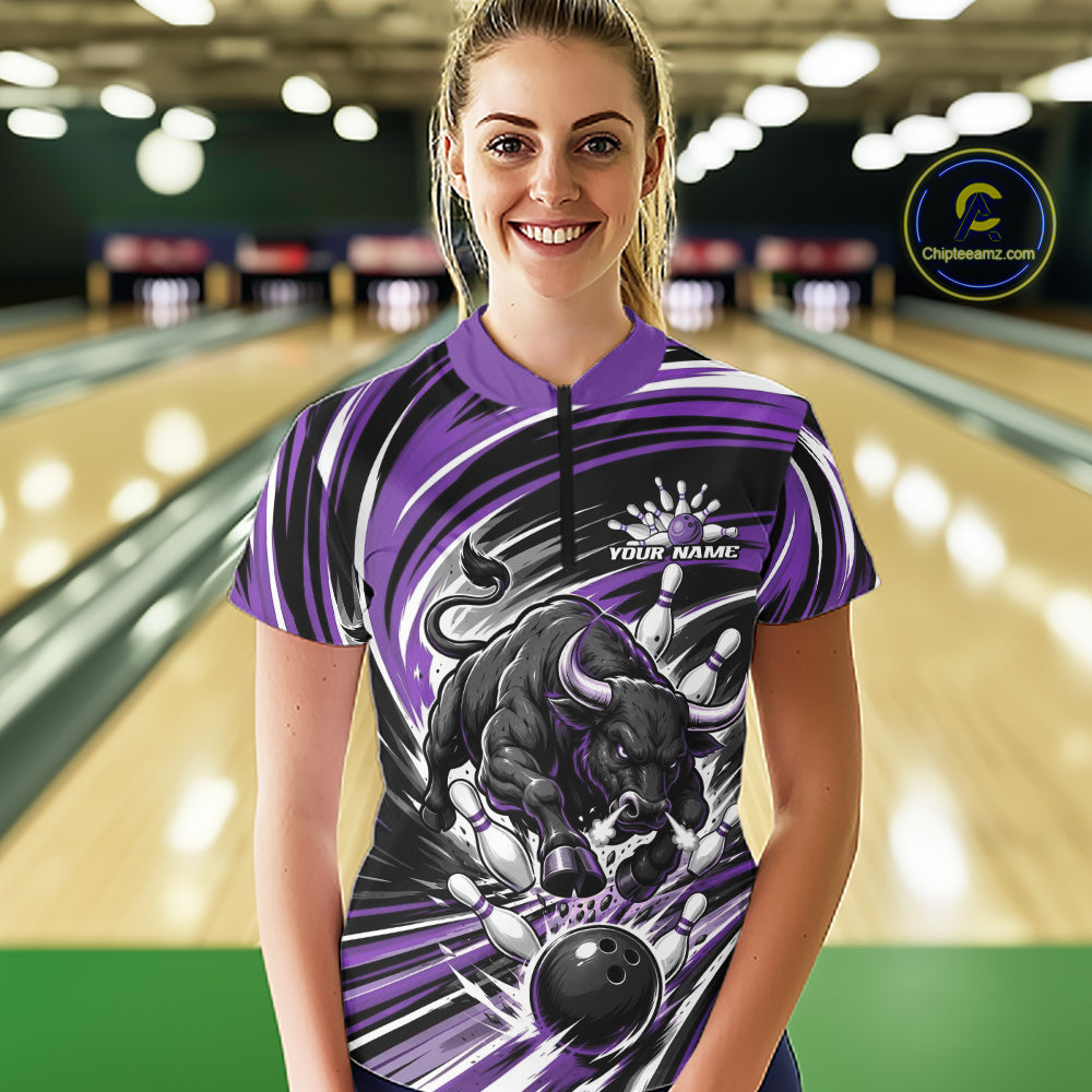Custom Black And Purple Angry Bull Bowling Jerseys, Bowling Team Women Quarter-Zip Shirt IPHW11822