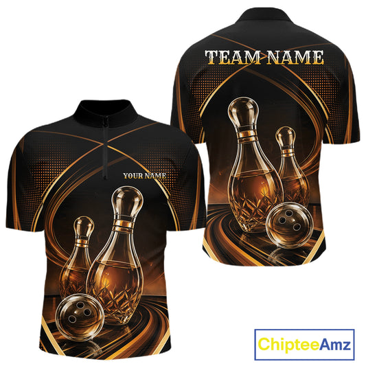 Two views of a black short-sleeve quarter zip shirt with a gold and brown bowling-themed graphic print, featuring bowling pins that resemble wine bottles and balls
