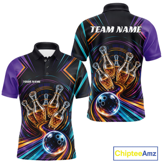 Front and back views of a short-sleeve polo zip bowling shirt on a white background. The shirt features a black base with vibrant purple, teal, orange, and yellow abstract swirls, featuring bowling balls and bowling pins creatively designed to resemble wine bottles.