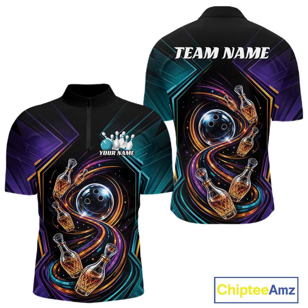 Custom Colorful Wine Bowling Men Quarter Zip Shirts, Wine Lovers Bowling Team Jersey IPHW11830