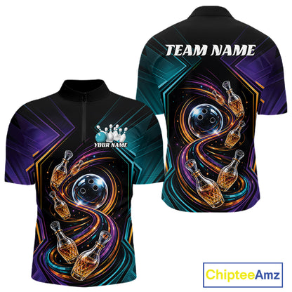 Custom Colorful Wine Bowling Men Quarter Zip Shirts, Wine Lovers Bowling Team Jersey IPHW11830