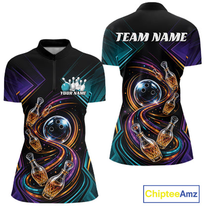 Custom Colorful Wine Bowling Women Quarter-Zip Shirts, Wine Lovers Bowling Team Jersey IPHW11830