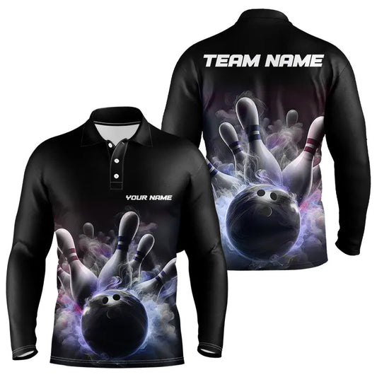 Custom Bowling Long Sleeve Polo Shirts For Men Smoke Bowling Team Jerseys Strike Bowling Shirts IPHW5402