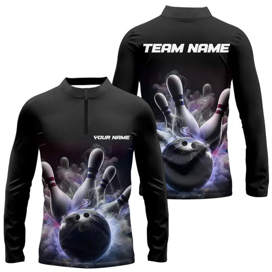 Custom Bowling Long Sleeve Quarter-Zip Shirts For Men Smoke Bowling Team Shirts IPHW5402