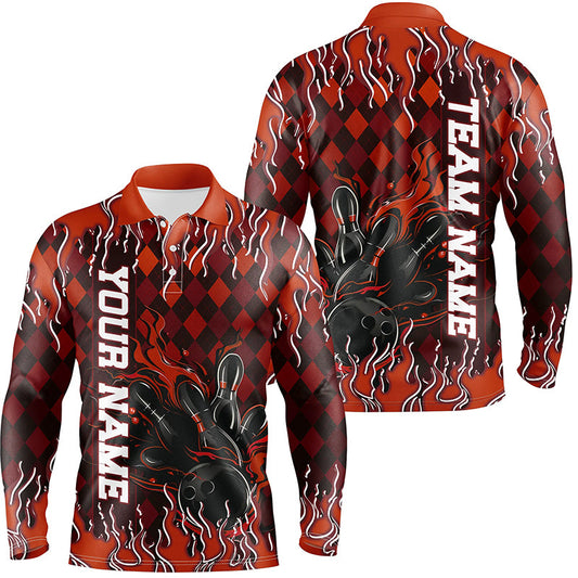 Orange Argyle Pattern Custom Flame Strike Bowling Shirts For Men, Bowling Team Shirt Outfit IPHW7898