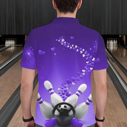 Purple Heart Theme Custom Valentines Bowling Polo Shirts For Men, Couple Bowling Shirt IPHW8346
