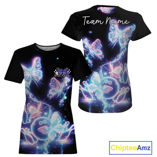Custom Holographic Butterfly Women Bowling Team, Ladies Bowling League T-Shirt IPHW10912