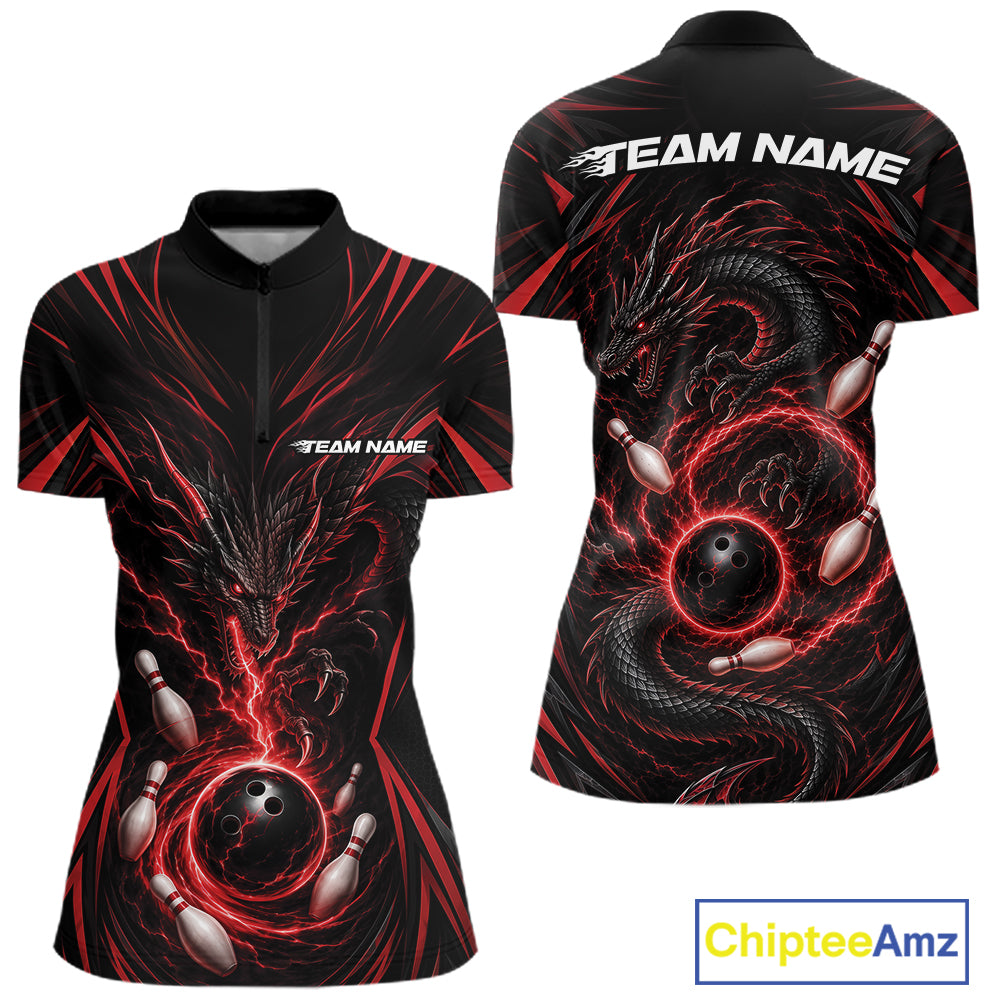 Front and back views of a women's short-sleeve quarter zip jersey in black with a red and dark gray dragon design wrapping around bowling balls and pins, with 'TEAM NAME' printed on the chest and back. A ChipteeAmz logo appears in the bottom right corner.