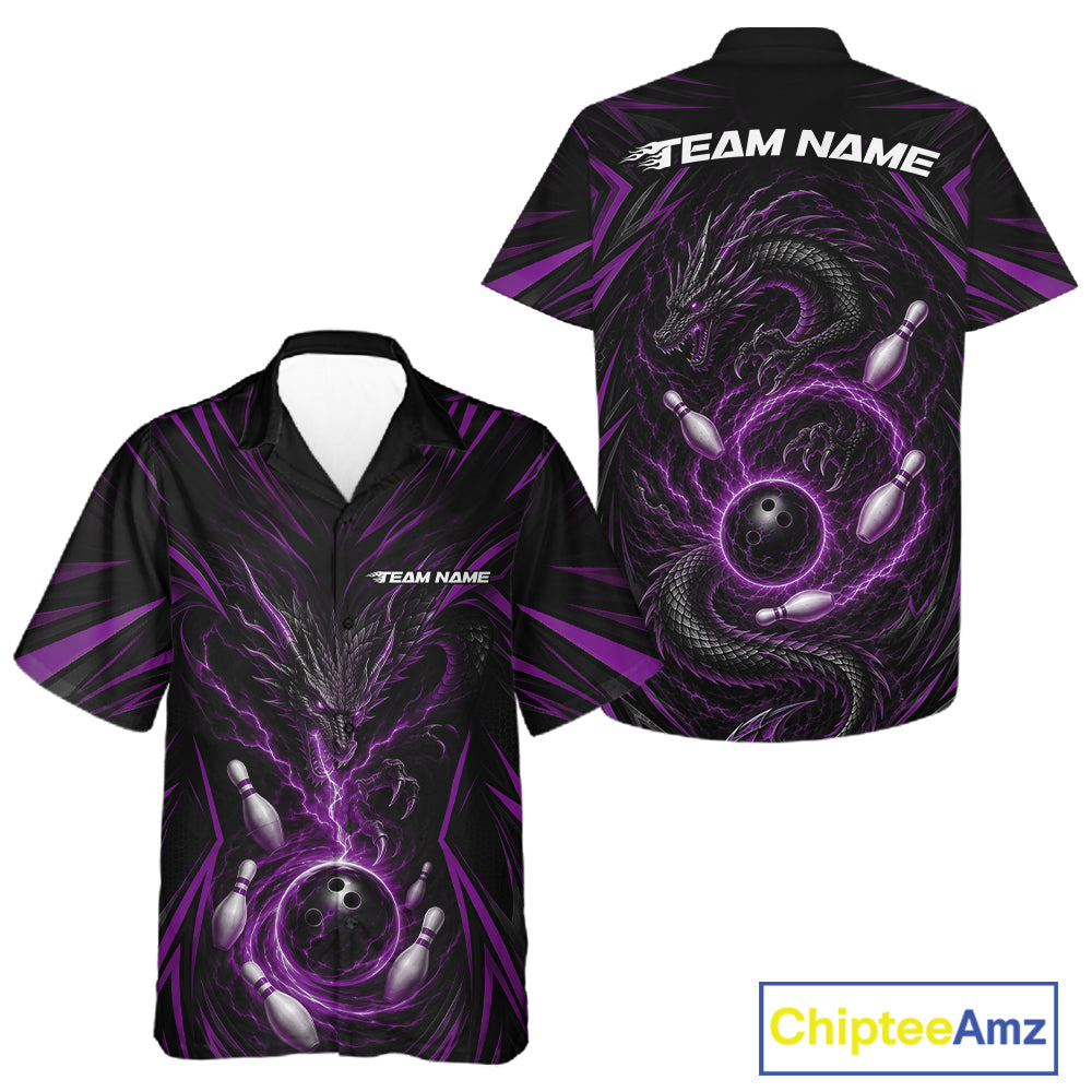 Custom Black And Purple Lightning Dragon Bowling Men And Women Button Up Shirt, Bowling League Shirt IPHW11840