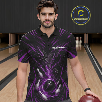 A man wearing a black short-sleeve bowling-themed polo shirt with a purple and black lightning-bolt swirl design, dragon, bowling pins, and a bowling ball graphic. 