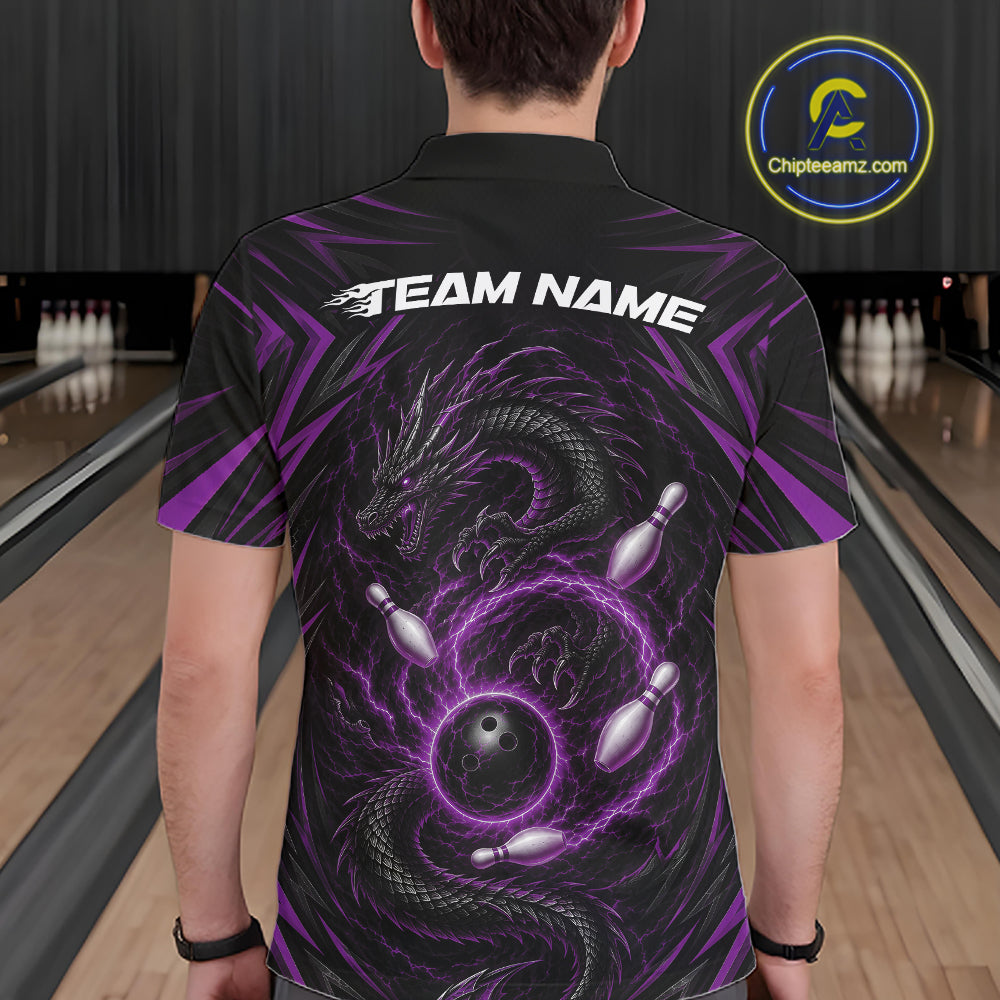 A person viewed from behind wearing a black short-sleeve bowling shirt with a large purple and black dragon graphic, bowling pins, and the text 'TEAM NAME' across the upper back.