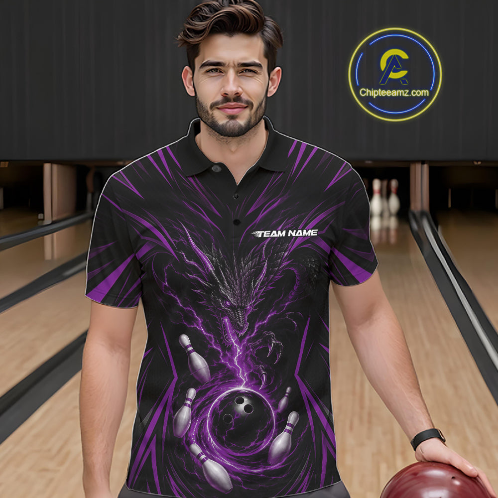 A man wearing a black short-sleeve bowling-themed polo shirt with a purple and black lightning-bolt swirl design, dragon, bowling pins, and a bowling ball graphic