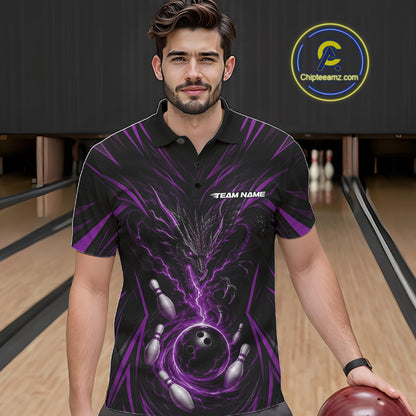 A man wearing a black short-sleeve bowling-themed polo shirt with a purple and black lightning-bolt swirl design, dragon, bowling pins, and a bowling ball graphic