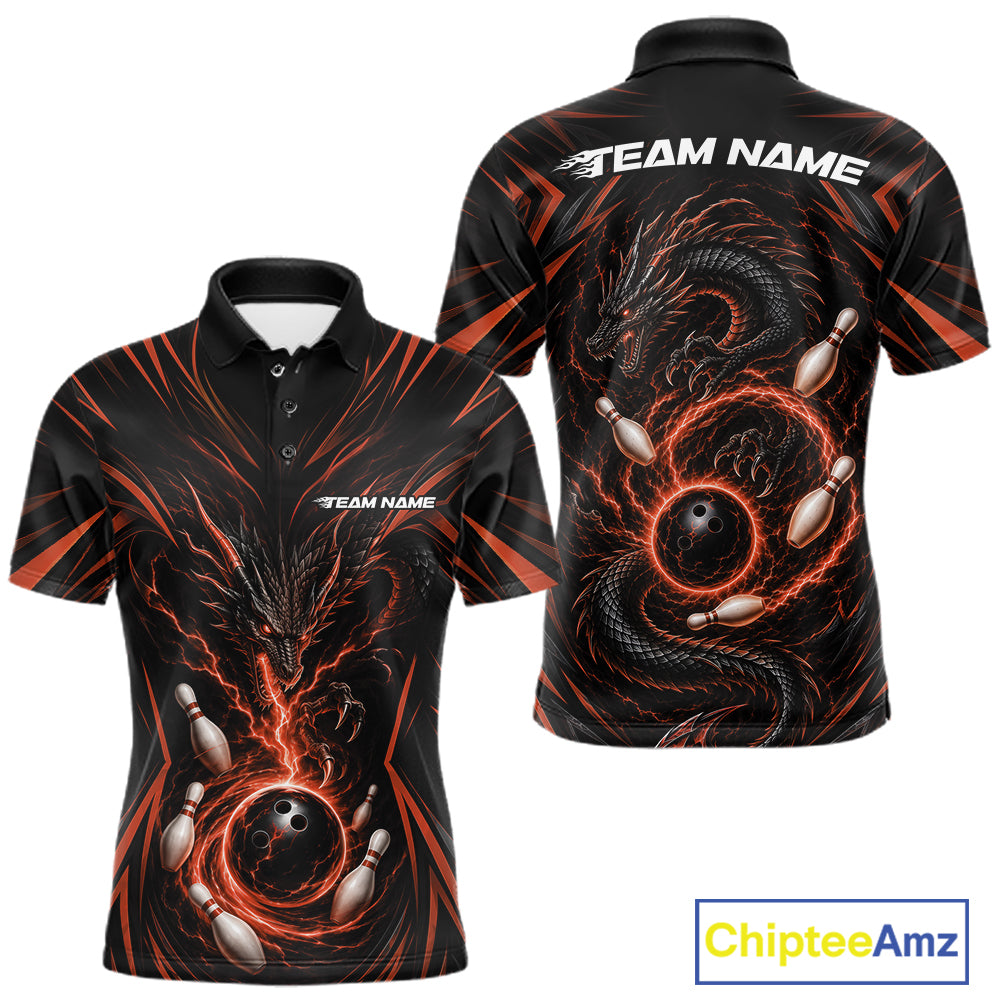 Front and back views of a black short-sleeve polo shirt with a orange and red lightning-bolt bowling design, featuring bowling balls and pins