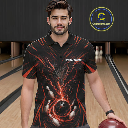 A man wearing a black short-sleeve bowling-themed polo shirt with a black and orange dragon design and bowling pins and ball graphic