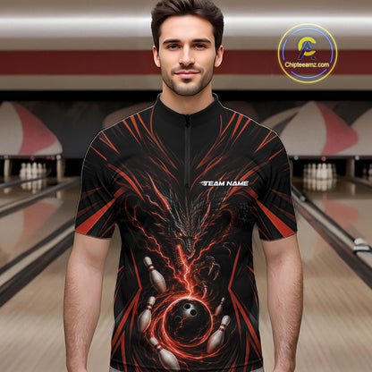 A man wearing a black short-sleeve zip-up bowling jersey with a orange and black lightning-bolt graphic and bowling pins printed on the front, set against a bowling alley background. A circular 'Chipteamz logo