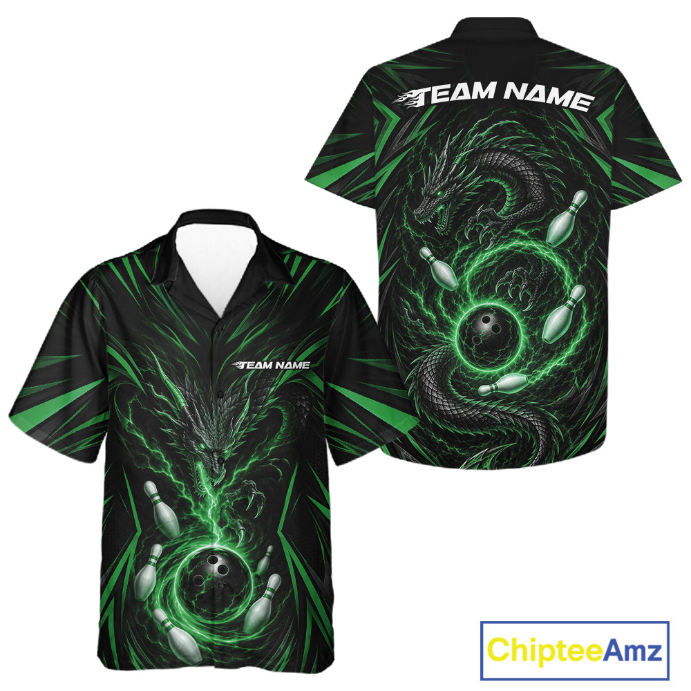 Front and back views of a short-sleeve button-up shirt with a black and green dragon design, bowling balls, and bowling pins, featuring 'TEAM NAME' text on the chest, shown on a white background with a ChipteeAmz logo in the corner.