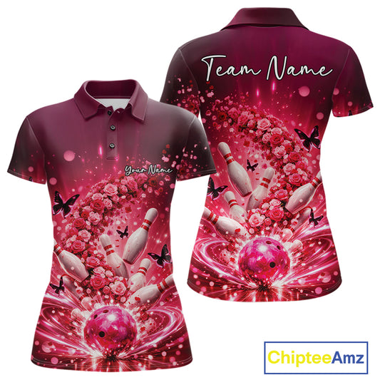 Custom Elegant Red Roses And Butterfly Women Bowling Shirt, Flower Bowling League Shirt IPHW10926