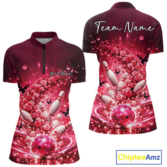 Custom Elegant Red Roses And Butterfly Women Bowling Shirt, Flower Bowling League Shirt IPHW10926