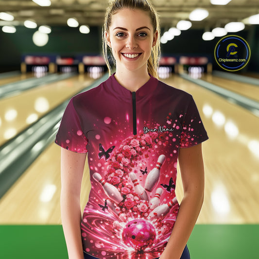 Custom Elegant Red Roses And Butterfly Women Bowling Shirt, Flower Bowling League Shirt IPHW10926