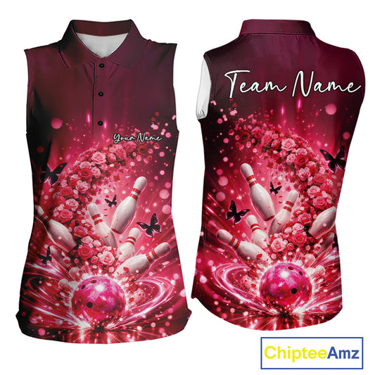 Custom Elegant Red Roses And Butterfly Women Bowling Shirt, Flower Bowling League Shirt IPHW10926