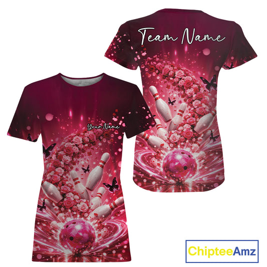 Custom Elegant Red Roses And Butterfly Women Bowling, Flower Bowling League IPHW10926