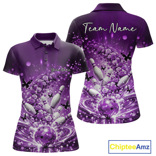 Custom Elegant Purple Roses And Butterfly Women Bowling Shirt, Flower Bowling League Shirt IPHW10927