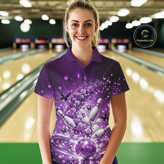Custom Elegant Purple Roses And Butterfly Women Bowling Shirt, Flower Bowling League Shirt IPHW10927