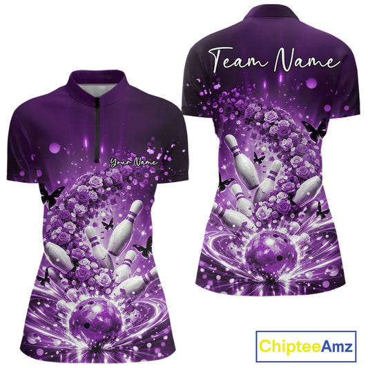 Custom Elegant Purple Roses And Butterfly Women Bowling Shirt, Bowling League Shirt IPHW10927