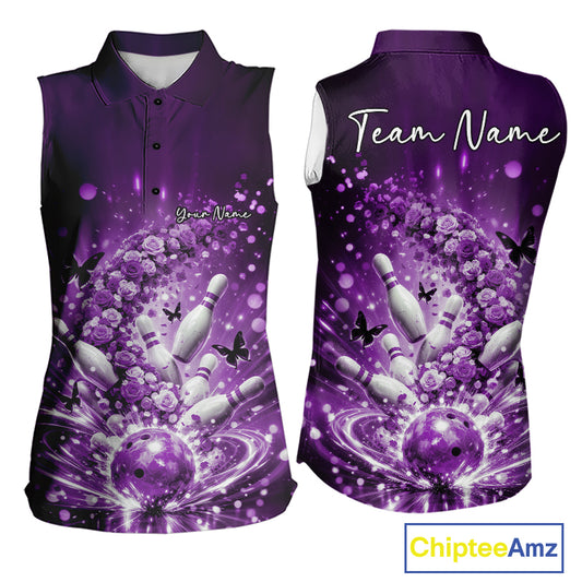 Custom Elegant Purple Roses And Butterfly Women Bowling Shirt, Flower Bowling League Shirt IPHW10927