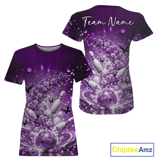 Custom Elegant Purple Roses And Butterfly Women Bowling, Flower Bowling League IPHW10927