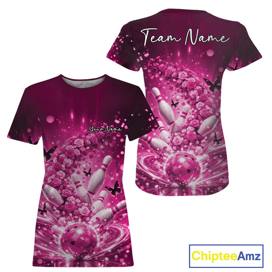 Custom Elegant Pink Roses And Butterfly Women Bowling, Flower Bowling League IPHW10928