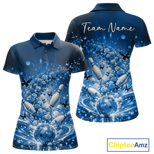Custom Elegant Blue Roses And Butterfly Women Bowling Shirt, Flower Bowling League Shirt IPHW10929