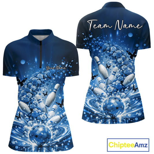 Custom Elegant Blue Roses And Butterfly Women Bowling Shirt, Flower Bowling League Shirt IPHW10929