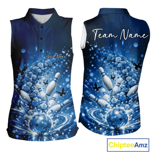 Custom Elegant Blue Roses And Butterfly Women Bowling Shirt, Flower Bowling League Shirt IPHW10929