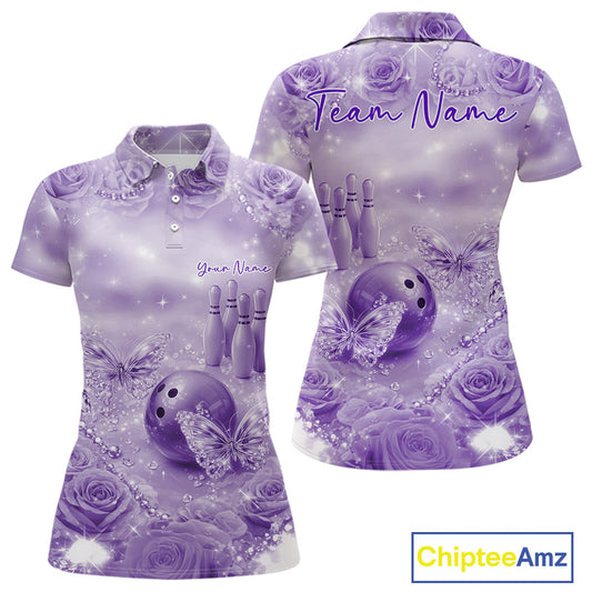 Custom Elegant Purple Roses And Butterfly Women Bowling Polo Shirts, Ladies Outfit IPHW10934