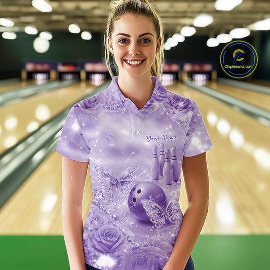 Custom Elegant Purple Roses And Butterfly Women Bowling Polo Shirts, Ladies Outfit IPHW10934