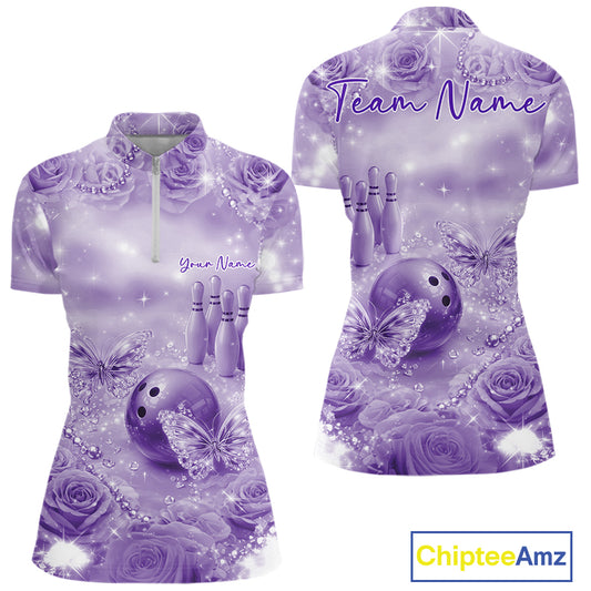 Custom Elegant Purple Roses And Butterfly Women Bowling Quarter-Zip Shirt, Ladies Outfit IPHW10934