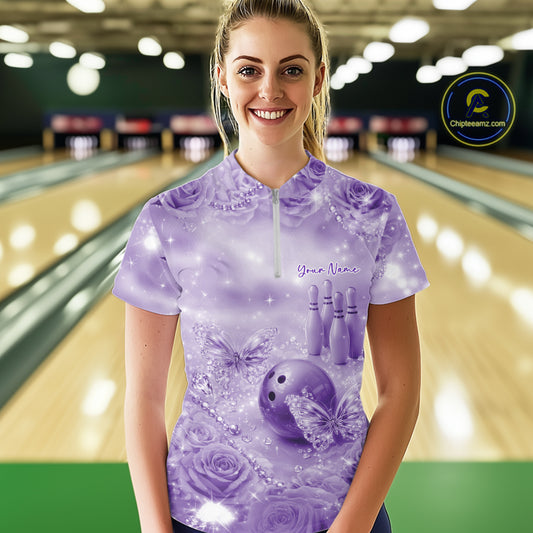 Custom Elegant Purple Roses And Butterfly Women Bowling Quarter-Zip Shirt, Ladies Outfit IPHW10934