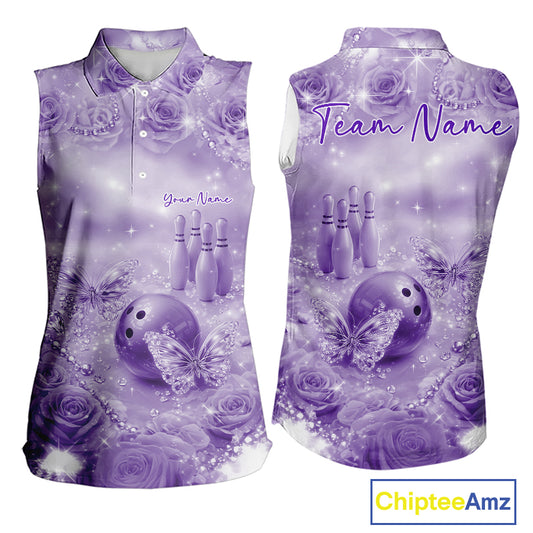 Custom Elegant Purple Roses And Butterfly Women Bowling Sleeveless Polo Shirts, Ladies Outfit IPHW10934