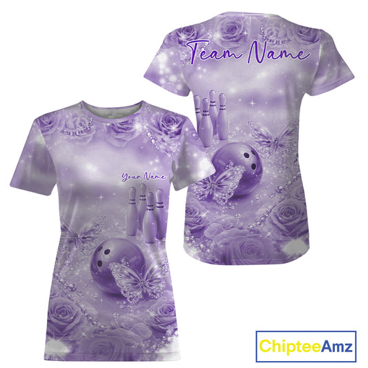 Custom Elegant Purple Roses And Butterfly Women Bowling T-Shirts, Ladies Outfit IPHW10934
