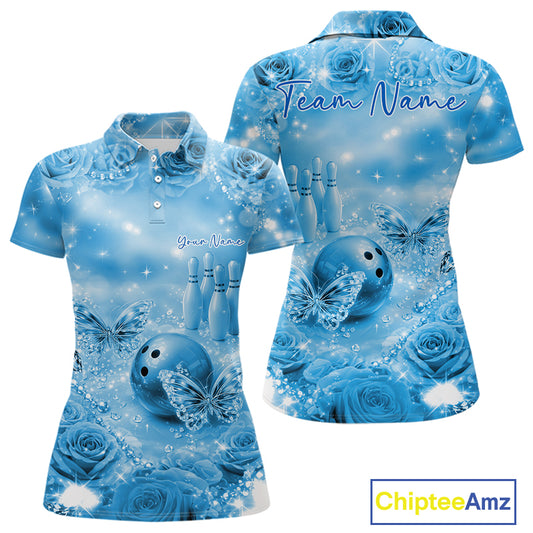 Custom Elegant Blue Roses And Butterfly Women Bowling Polo Shirts, Ladies Outfit IPHW10935