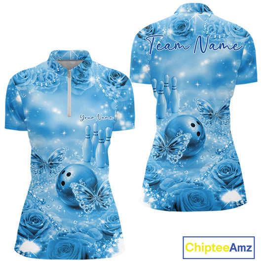 Custom Elegant Blue Roses And Butterfly Women Bowling Quarter-Zip Shirts, Ladies Outfit IPHW10935