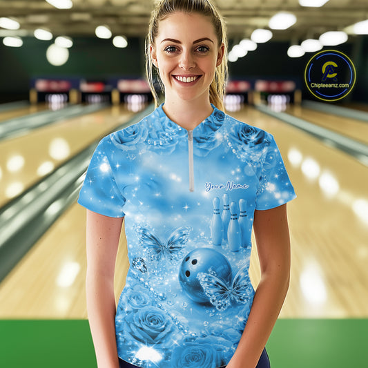 Custom Elegant Blue Roses And Butterfly Women Bowling Quarter-Zip Shirts, Ladies Outfit IPHW10935