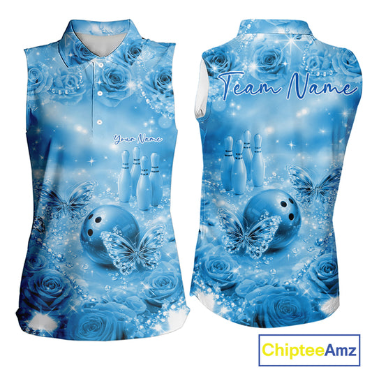 Custom Elegant Blue Roses And Butterfly Women Bowling Sleeveless Polo Shirts, Ladies Outfit IPHW10935