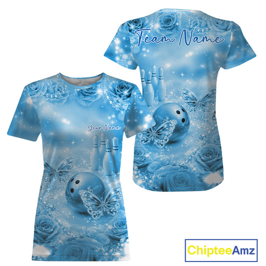 Custom Elegant Blue Roses And Butterfly Women Bowling T-Shirts, Ladies Outfit IPHW10935