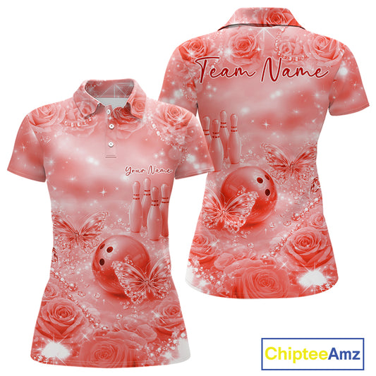 Custom Elegant Red Roses And Butterfly Women Bowling Polo Shirts, Ladies Outfit IPHW10936