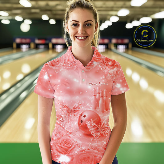 Custom Elegant Red Roses And Butterfly Women Bowling Polo Shirts, Ladies Outfit IPHW10936