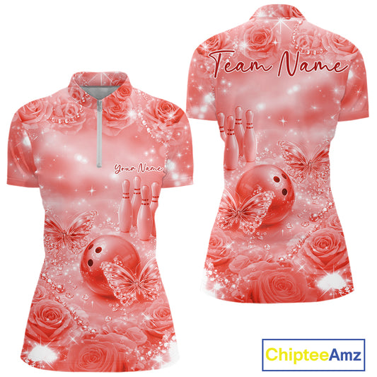 Custom Elegant Red Roses And Butterfly Women Bowling Quarter-Zip Shirts, Ladies Outfit IPHW10936